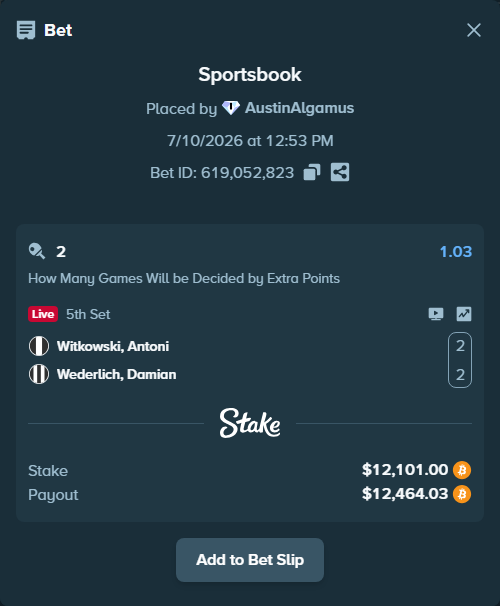 Bet slip: Witkowski, Antoni - Wederlich, Damian, $12,189.50 stake at 1.03 odds, placed by AustinAlgamus