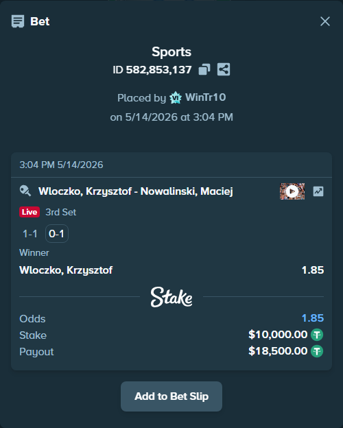 Bet slip: Wloczko, Krzysztof - Nowalinski, Maciej, $10,000.00 stake at 1.85 odds, placed by WinTr10