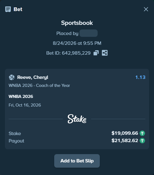 Bet slip: WNBA 2026, $19,099.66 stake at 1.13 odds, placed by Ejjjjjj