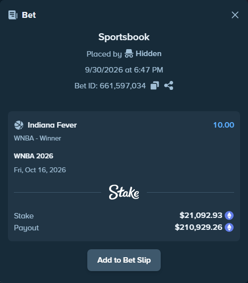 Bet slip: WNBA 2026, $21,225.04 stake at 10.00 odds, placed by gemcabal