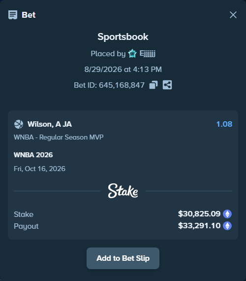 Bet slip: WNBA 2026, $30,868.13 stake at 1.08 odds, placed by Ejjjjjj