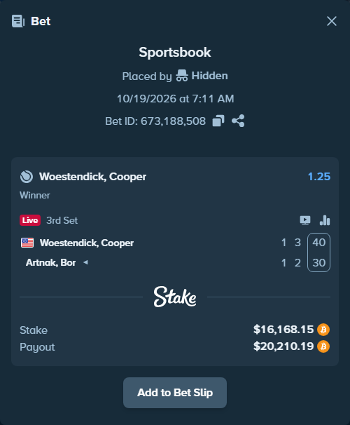 Bet slip: Woestendick, Cooper - Artnak, Bor, $16,315.00 stake at 1.25 odds, placed by Hidden