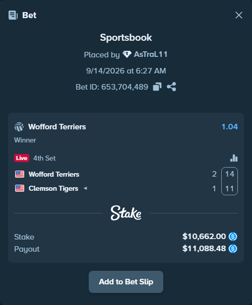 Bet slip: Wofford Terriers - Clemson Tigers, $10,662.00 stake at 1.04 odds, placed by AsTraL11