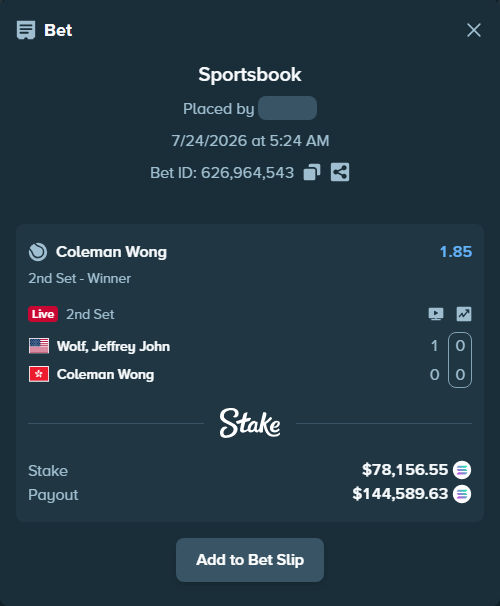 Bet slip: Wolf, Jeffrey John - Coleman Wong, $75,141.60 stake at 1.85 odds, placed by Prettylfacko98