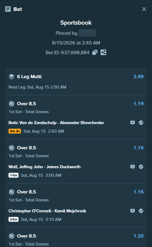 Bet slip: Wolf, Jeffrey John - James Duckworth, $118,967.12 stake at 1.16 odds, placed by EaurigaT