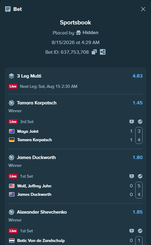 Bet slip: Wolf, Jeffrey John - James Duckworth, $15,758.00 stake at 1.80 odds, placed by Hidden