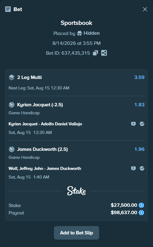 Bet slip: Wolf, Jeffrey John - James Duckworth, $27,500.00 stake at 1.96 odds, placed by Hidden