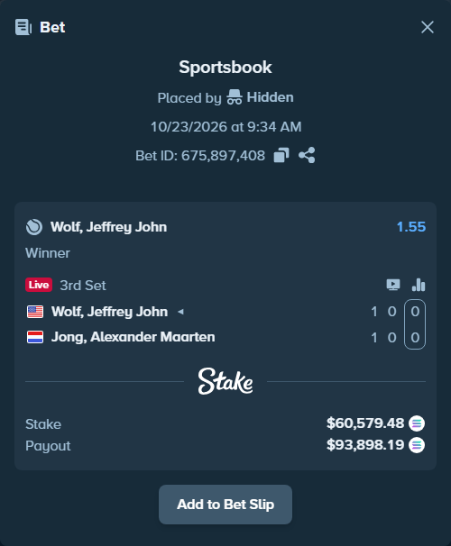 Bet slip: Wolf, Jeffrey John - Jong, Sander, $61,314.19 stake at 1.55 odds, placed by Prettylfacko98