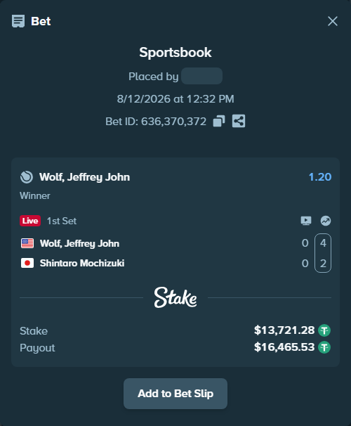 Bet slip: Wolf, Jeffrey John - Shintaro Mochizuki, $13,735.00 stake at 1.20 odds, placed by wills2026