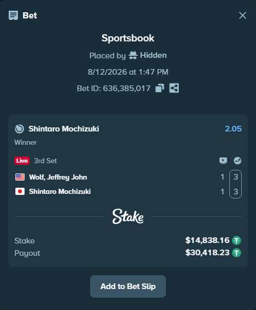 Bet slip: Wolf, Jeffrey John - Shintaro Mochizuki, $14,853.00 stake at 2.05 odds, placed by Hidden