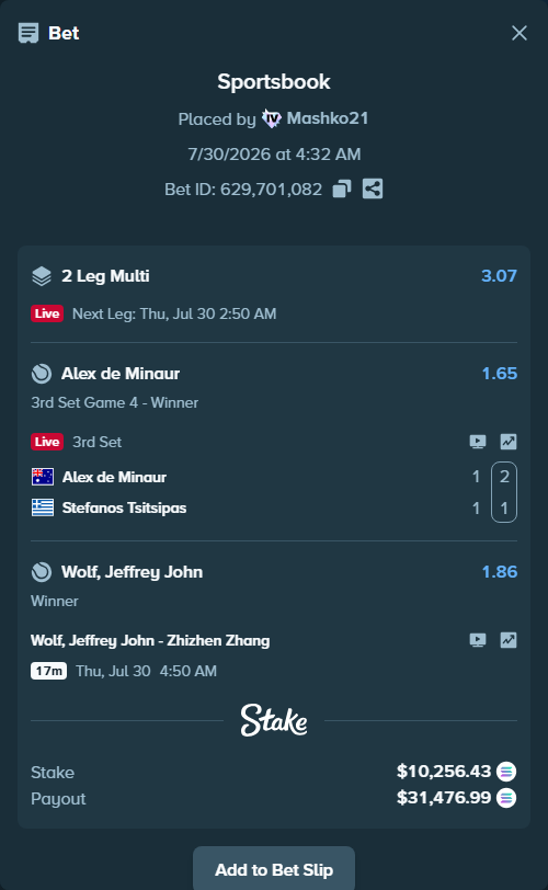 Bet slip: Wolf, Jeffrey John - Zhizhen Zhang, $10,054.57 stake at 1.86 odds, placed by Mashko21
