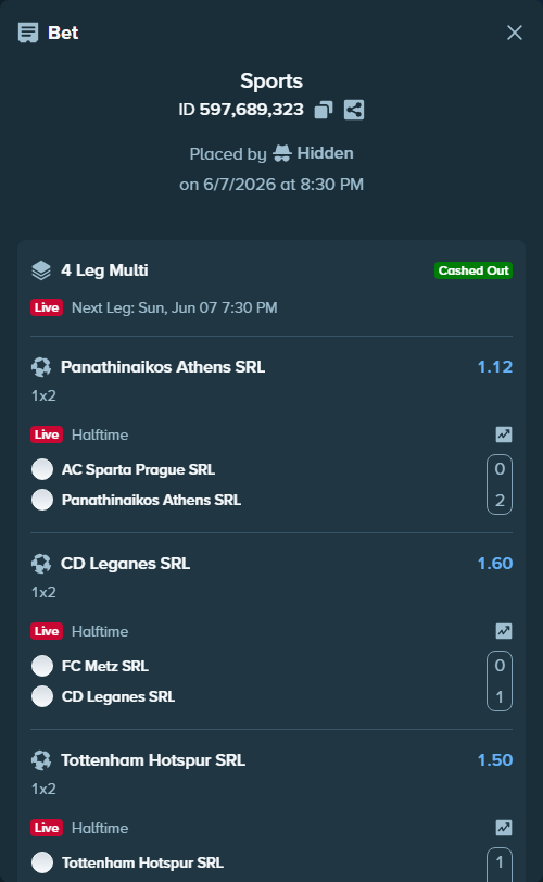 Bet slip: Wolfsberger AC SRL - MFk Karvina (Srl), $38,361.21 stake at 1.30 odds, placed by Hidden