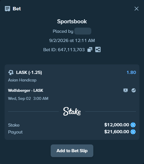 Bet slip: Wolfsberger - LASK Linz, $12,000.00 stake at 1.80 odds, placed by NolanVoss