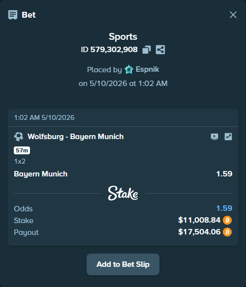 Bet slip: Wolfsburg - Bayern Munich, $8,786.99 stake at 1.59 odds, placed by Espnik