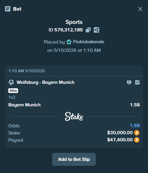 Bet slip: Wolfsburg - Bayern Munich, $23,945.26 stake at 1.58 odds, placed by Flokisbakende