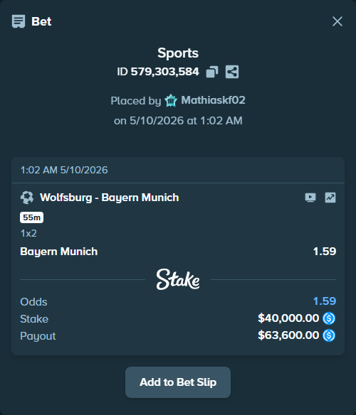 Bet slip: Wolfsburg - Bayern Munich, $40,000.00 stake at 1.59 odds, placed by Mathiaskf02