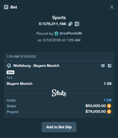 Bet slip: Wolfsburg - Bayern Munich, $39,908.77 stake at 1.58 odds, placed by ArvaPandaM