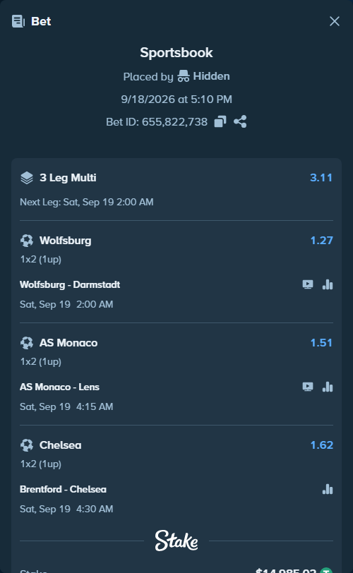 Bet slip: Wolfsburg - Darmstadt, $15,000.00 stake at 1.27 odds, placed by Hidden