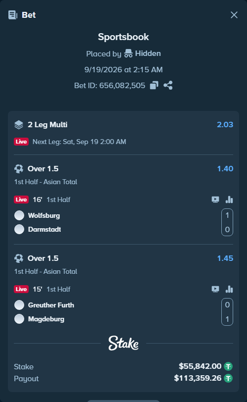 Bet slip: Wolfsburg - Darmstadt, $55,842.00 stake at 1.40 odds, placed by Hidden