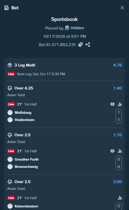 Bet slip: Wolfsburg - Heidenheim, $10,000.00 stake at 1.40 odds, placed by Hidden