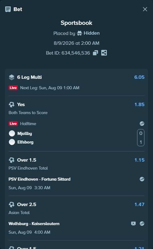 Bet slip: Wolfsburg - Kaiserslautern, $10,006.41 stake at 1.47 odds, placed by Hidden