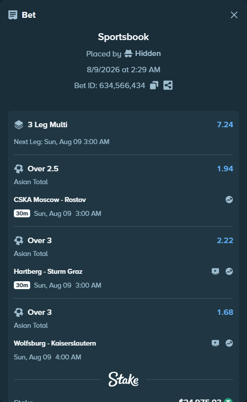 Bet slip: Wolfsburg - Kaiserslautern, $25,000.00 stake at 1.68 odds, placed by Hidden