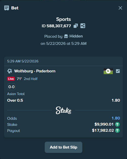 Bet slip: Wolfsburg - Paderborn, $10,000.00 stake at 1.80 odds, placed by Hidden