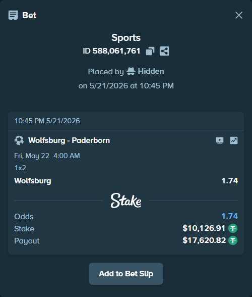 Bet slip: Wolfsburg - Paderborn, $10,137.04 stake at 1.74 odds, placed by Hidden