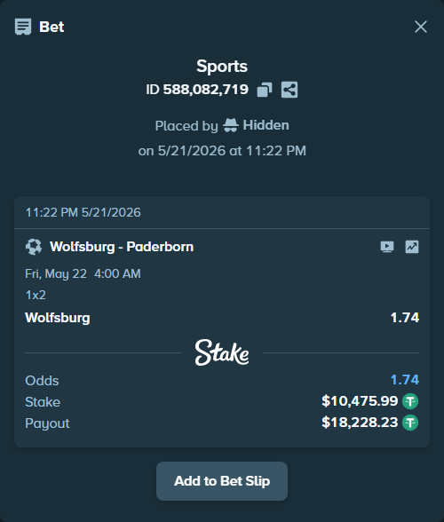 Bet slip: Wolfsburg - Paderborn, $10,486.47 stake at 1.74 odds, placed by Hidden