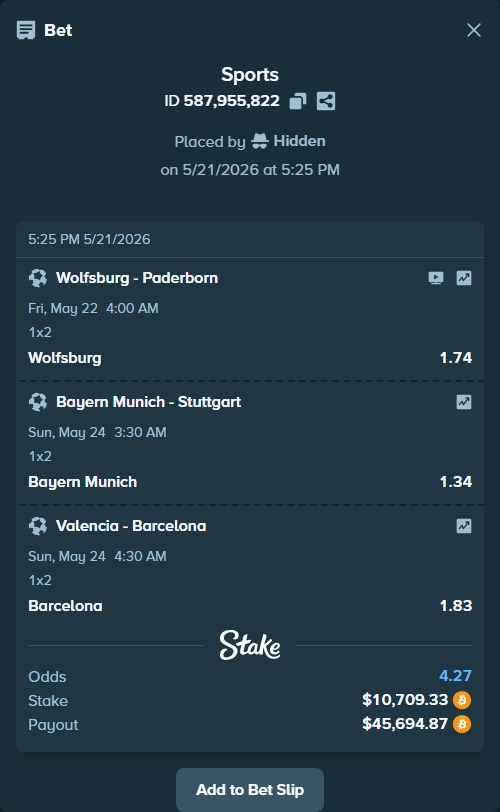 Bet slip: Wolfsburg - Paderborn, $8,873.43 stake at 1.74 odds, placed by Hidden