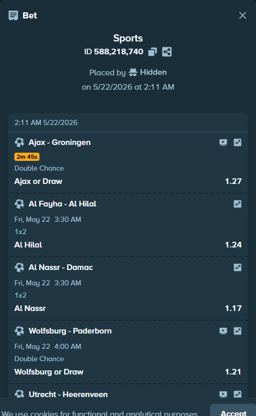 Bet slip: Wolfsburg - Paderborn, $8,233.68 stake at 1.21 odds, placed by Hidden