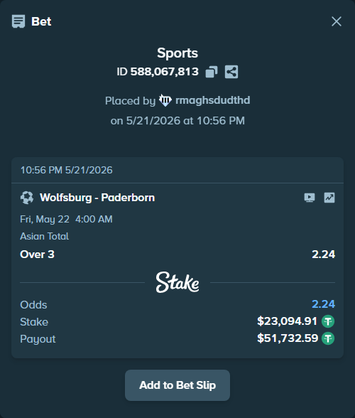 Bet slip: Wolfsburg - Paderborn, $23,118.00 stake at 2.24 odds, placed by rmaghsdudthd