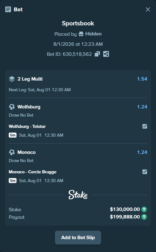 Bet slip: Wolfsburg - Telstar, $130,130.00 stake at 1.24 odds, placed by Hidden