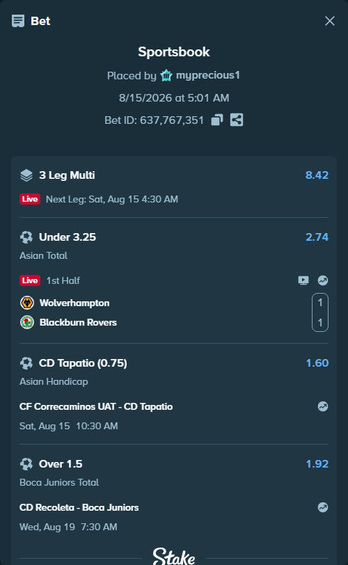 Bet slip: Wolverhampton - Blackburn Rovers, $10,381.22 stake at 2.74 odds, placed by myprecious1