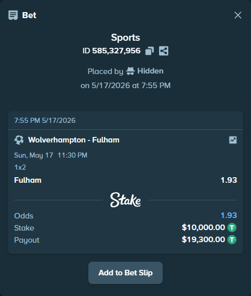 Bet slip: Wolverhampton - Fulham, $10,000.00 stake at 1.93 odds, placed by Hidden