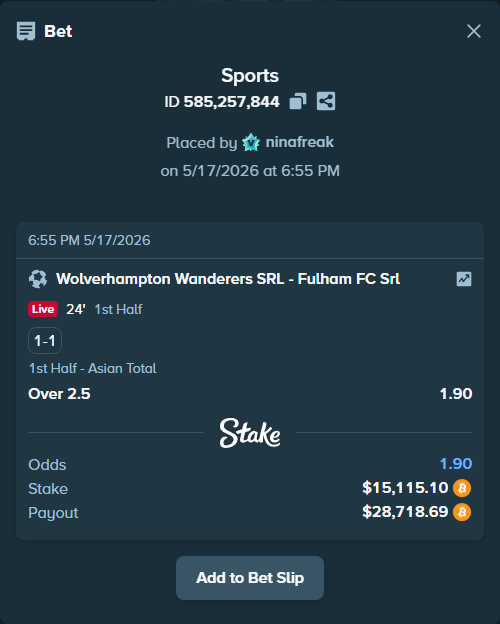 Bet slip: Wolverhampton Wanderers SRL - Fulham FC, $12,428.17 stake at 1.90 odds, placed by ninafreak