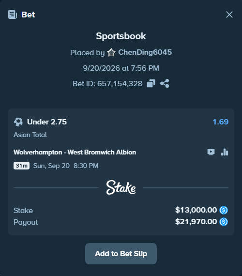 Bet slip: Wolverhampton - West Bromwich Albion, $13,000.00 stake at 1.69 odds, placed by ChenDing6045