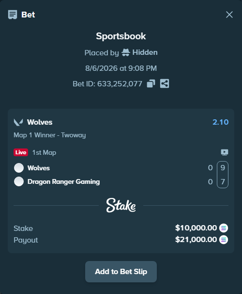 Bet slip: Wolves - Dragon Ranger Gaming, $9,912.19 stake at 2.10 odds, placed by Hidden