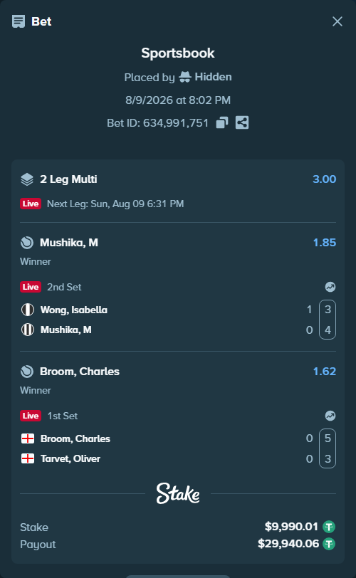 Bet slip: Wong, Isabella - Mushika, M, $10,000.00 stake at 1.85 odds, placed by Hidden