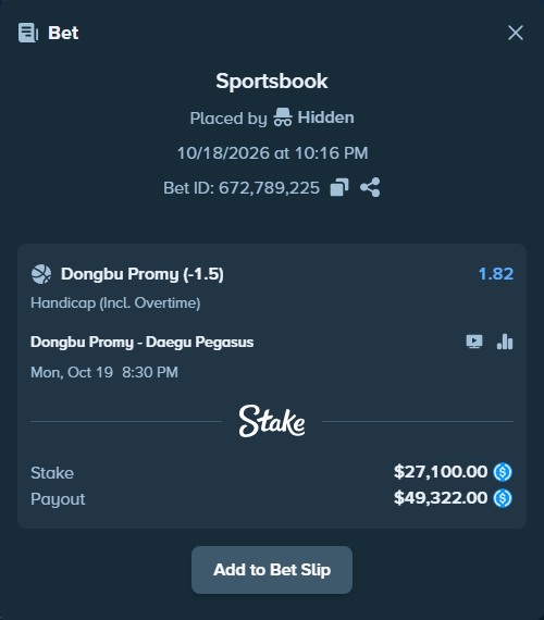 Bet slip: Wonju DB New Generation - Daegu Pegasus, $27,100.00 stake at 1.82 odds, placed by Hidden