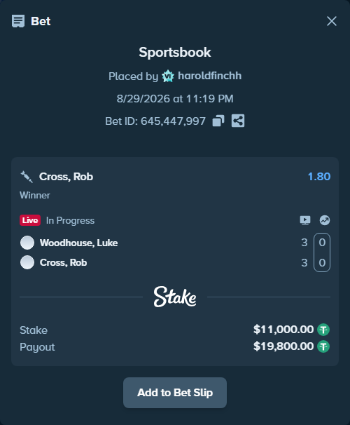 Bet slip: Woodhouse, Luke - Cross, Rob, $11,000.00 stake at 1.80 odds, placed by haroldfinchh