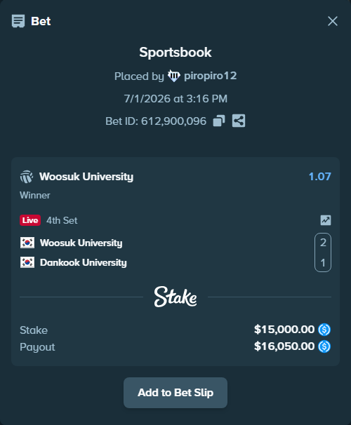 Bet slip: Woosuk University - Dankook University, $15,000.00 stake at 1.07 odds, placed by piropiro12