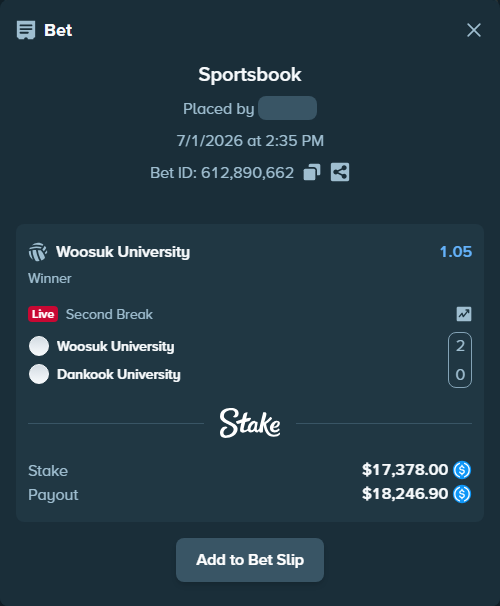 Bet slip: Woosuk University - Dankook University, $17,378.00 stake at 1.05 odds, placed by piropiro12