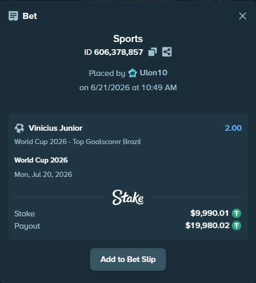 Bet slip: World Cup 2026, $10,000.00 stake at 2.00 odds, placed by Ulon10