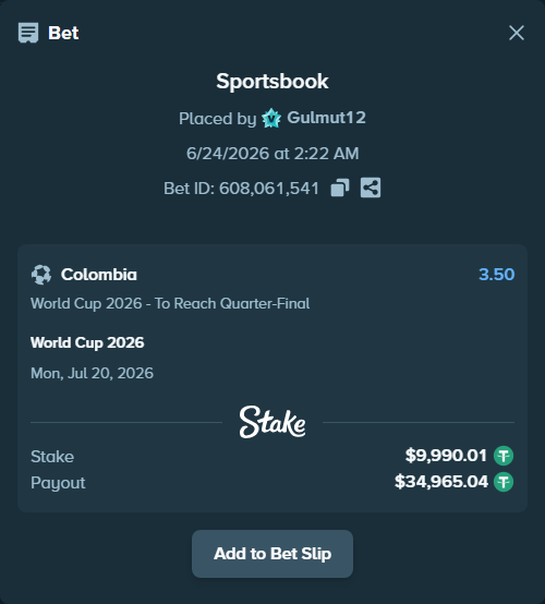 Bet slip: World Cup 2026, $10,000.00 stake at 3.50 odds, placed by Gulmut12