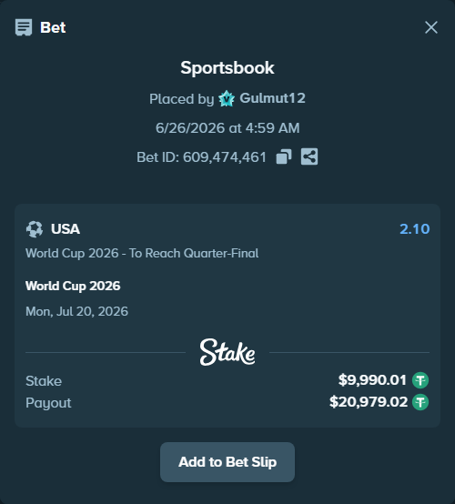 Bet slip: World Cup 2026, $10,000.00 stake at 2.10 odds, placed by Gulmut12