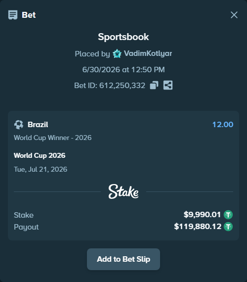 Bet slip: World Cup 2026, $10,000.00 stake at 12.00 odds, placed by VadimKotlyar