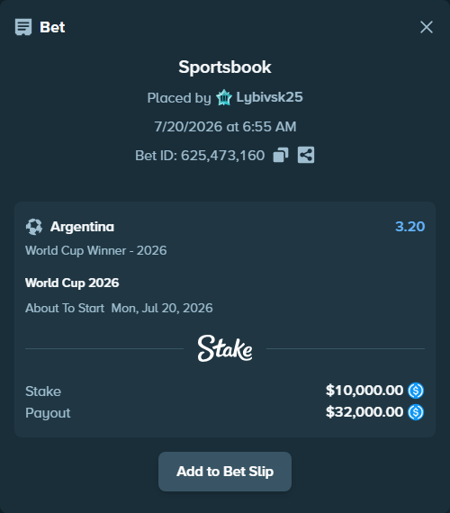 Bet slip: World Cup 2026, $10,000.00 stake at 3.20 odds, placed by Lybivsk25