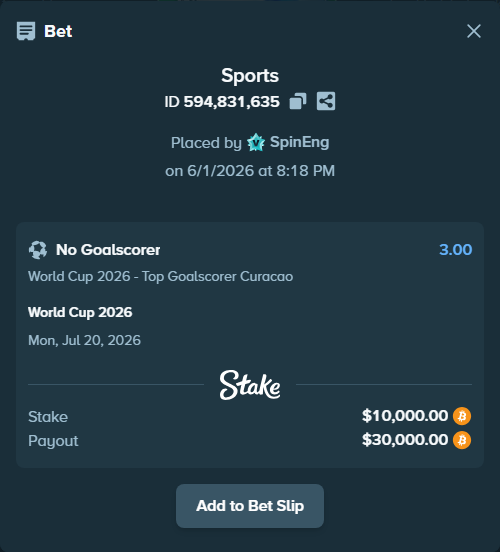 Bet slip: World Cup 2026, $8,857.41 stake at 3.00 odds, placed by SpinEng