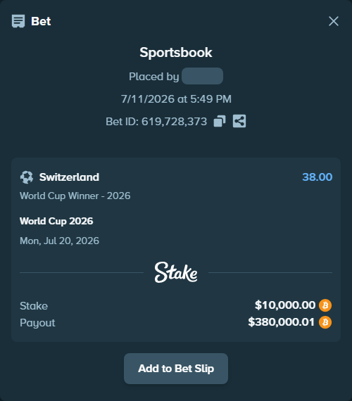 Bet slip: World Cup 2026, $10,034.54 stake at 38.00 odds, placed by SpinEng